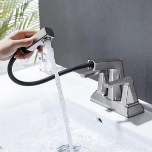 lot 2802 image: KAIYING Brushed Nickel Bathroom Pull Out Faucet 3 Holes, 2 Handle Centerset Bathroom Sink Faucet, 4 Inch Lavatory Faucet, Modern Vanity Faucet, Mixer Tap for Hot and Cold Water