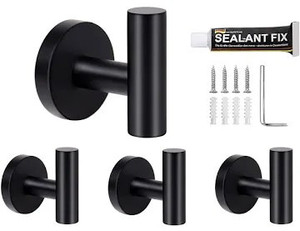 lot 2805 image: Towel Hooks,4 Pack Black Towel Hooks, Upgrade Wall Hook with Installation Accessories, Strong Towel Hanger ��for Bathroom, Two Ways to Install (Black)