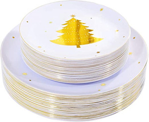 lot 2823 image: WDF 50Pieces Gold Plastic Plates-Christmas Tree Plastic Plates-Heavyweight White and Gold Disposable Plates for Christmas