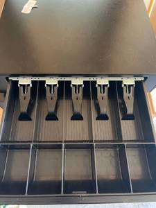 lot 4230485 image: Cash Register Drawer with Key, Auto open with telephone cord to receipt printer not included