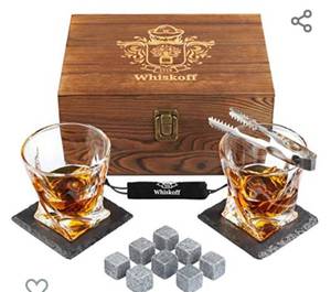 lot 2933 image: Whiskey Glass Set of 2 - Bourbon Whiskey Stones Gift Set - Includes Crystal Whisky Rocks Glasses - Chilling Stones, Slate Coasters - Scotch Glasses in Premium Wooden Box - Wisky or Burbon Gifts