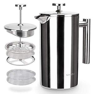 lot 48778 image: Secura French Press Coffee Maker, 304 Grade Stainless Steel Insulated Coffee Press with 2 Extra Screens, 34oz (1 Litre), Silver