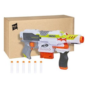 lot 48879 image: Nerf Stryfe Modulus Motorized Toy Blaster with Drop Grip, Barrel Extension, 6-Dart Clip, 6 Official Darts for Kids, Teens, & Adults