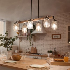 lot 31284 image: Modern Farmhouse 6-light Glass Chandelier Faux Wood Islands Bar Lights - Brown - L27.5 x W11x H 71.5- Retail$284.99