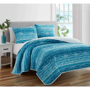 lot 31432 image: King- Ocean Stripe Coastal Blue 3-Piece Prewashed Reversible Quilt Set
