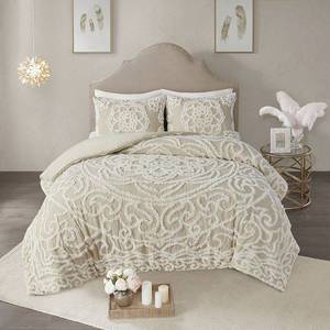 lot 32186 image: Madison Park Virginia Tufted Cotton Chenille Medallion Duvet Cover Set - Taupe - King - Cal King
