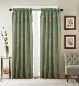 lot 32256 image: Durant Pair of Floral Embroidered Single Rod Pocket Curtain Panels w Attached Valance - 54 x 84 in. SAGE