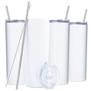 lot 4938 image: SKINNY TUMBLERS (4 pack) 20oz Stainless Steel Double Wall Insulated Tumblers with Lids and Straws  Skinny Travel Mug, Straw Cleaner INCLUDED Reusable Cup With Straw  Vinyl DIY Gifts (Matte White)