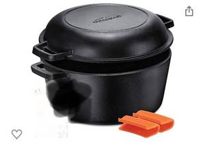 lot 3313 image: Overmont 2 in 1 Dutch Oven with Skillet Lid 5 QT Cast Iron Casserole Pot  1.6 QT Skillet Lid Pre Seasoned with Handle Covers for Camping Home Cooking