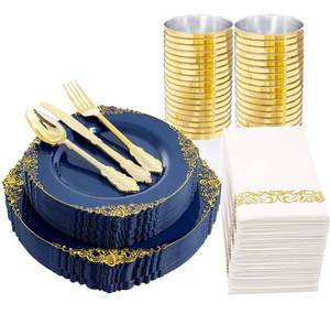 lot 4902 image: Nervure 175PCS Blue Plastic Plates - Gold Plastic Plates Include 25 Dinner Plates, 25Salad Plates, 25Knives, 25Spoons, 25Forks, 25Cups, 25Napkins for Weddings & Parties & Easter