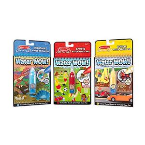lot 4962 image: Melissa & Doug On the Go Water Wow Resuable Color with Water Activity Pad 3-Pack, Sports, Dinosaurs, Vehicles, Chunky-Size Water Pens