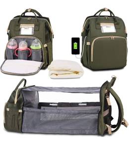 lot 14720 image: Happy Luoka Diaper Bag Backpack with Foldable Travel Bed, Nappy Bag with USB Charging Port, Portable Baby Bag with Changing Station for Sleeping (Olive Green)