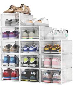lot 14739 image: QualiapeX Shoe Storage Boxes, Clear Plastic Stackable Shoe Organizer, Foldable Storage Bins Shoe Container Box, 12 Pack - White