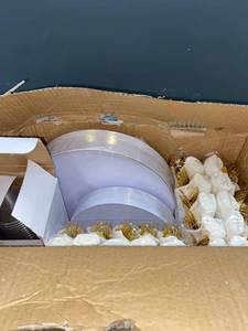 lot 15604 image: Bucla 30Guests White And Gold Plastic Plates With Plastic Prewrapped Silverware And Gold Cups
