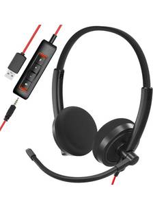 lot 16247 image: USB Headset, HROEENOI Noise Cancelling Headphones with Microphone, PC Headset Wired for ComputerMacLaptop, with USB3.5mm Jack, in-line Controls for Office Home Business