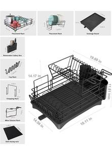 lot 16252 image: Large Dish Drying Rack with Drainboard Set, Qienrrae Stainless Steel 2 Tier Black Dish Rack with Drainage for Kitchen Counter, Dish Drainers with Wine Glass Holder, Utensil Holder and Extra Dryer Mat