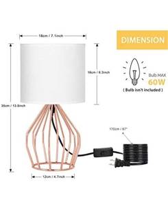 lot 16258 image: HAITRAL Rose Gold Table Lamps Set of 2- Minimalist Bedside Lamp, Modern Basket Cage Style Chrome Metal Base with Linen Fabric Shade