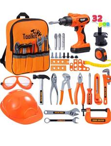 lot 16268 image: JOYIN 32 PCS Kids Construction Tool Toy Set Backpack of Tool Toys with Electric Power Drill Toy, Construction Helmet, Const
