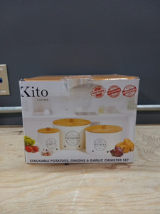 lot 18193 image: Kito Living Stackable Potatoes, Onions, & Garlic Canister Set
