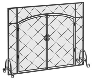 lot 27416 image: FuFu and Gaga Large Black Powder Coated 1-Panel Steel Frame Metal Mesh Free Standing Spark Guard Fireplace Screen with Hinged Doors