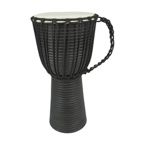 lot 58422 image: Handmade Wooden Drum Decor with Carved Leather Top, Black and Cream