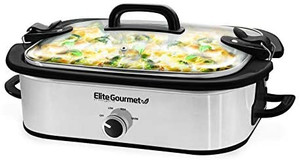 lot 58691 image: Elite Gourmet MST-5240SS Crock Slow Cooker, Locking Lid Adjustable Temperature Keep Warm Oven & Dishwasher-Safe Casserole Pan, 3.5Qt Capacity, Stainless Steel