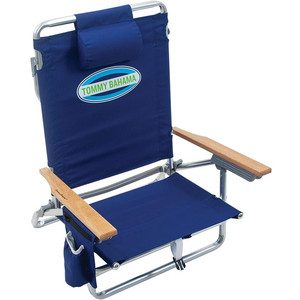 lot 59300 image: Tommy Bahama 5-Position Beach Chair, Classic Lay Flat Foldable Backpack, Navy