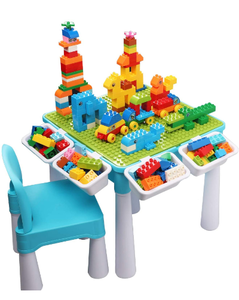 lot 59362 image: Kids 5-in-1 Multi Activity Table Set - 128 Pieces Large Building Blocks Compatible Bricks Toy, Play Table Includes 1 Chair and Building Block Table with Storage,