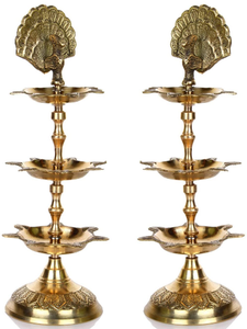 lot 59376 image: Hashcart Handmade Standing Indian Brass PanchMahal Diya Samai, Traditional Pooja Deepam, Oil Lamp Kutthu Vilakku Diya  Engraved 3 in 1 Adjustable Deepak 8.5 inch with 2 pc  Indian Gift Item 