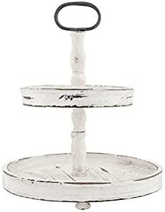lot 59383 image: Creative Co-op EC0125 2-Tier Distressed Wood Tray with Metal Handle, Cream