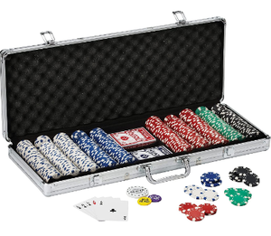 lot 59385 image: Fat Cat 11.5 Gram Texas Hold em Claytec Poker Chip Set with Aluminum Case, 500 Striped Dice Chips(could be missing pieces)damage to case