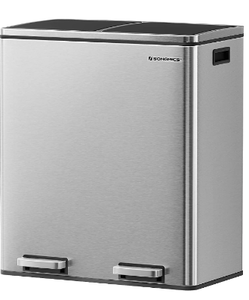 lot 59391 image: SONGMICS Dual Trash Can, 16 Gal (60L) Rubbish Bin and 15 Trash Bags, Metal Step Bin, with Dual Compartments, Plastic Inner Buckets and Hinged Lids, Airtight, Silver and Black ULTB60NL
