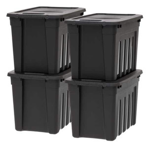 lot 59405 image: 20 Gal. Utility Storage Bin in Black (4-Pack)one handle broke see pictures