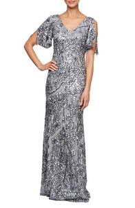lot 59588 image: Alex Evenings Sequin Lace Cold Shoulder Trumpet Gown in Silver at Nordstrom, Size 6