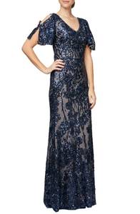 lot 59589 image: Alex Evenings Sequin Lace Cold Shoulder Trumpet Gown in NavyNude at Nordstrom, Size 6