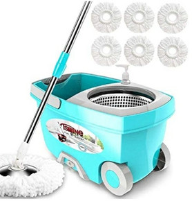 lot 60799 image: Tsmine Spin Mop Bucket System Stainless Steel Deluxe 360 Spinning Mop Bucket Floor Cleaning System with 6 Microfiber Replacement Head Refills,61Extended Handle, 2x Wheel for Home Cleaning - MINT