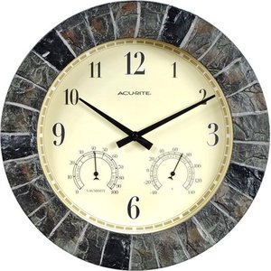 lot 60801 image: AcuRite 14-inch Faux Slate Outdoor Clock with Analog Thermometer and Humidity
