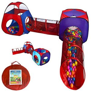 lot 1170 image: Playz 4pc Pop Up Children Play Tent w 2 Crawl Tunnel & 2 Tents - Kids Tents for Boys, Girls, Babies & Toddlers for Indoor & Outdoor - Large Children Playhouse Ball Pit w Storage Case