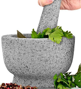 lot 1172 image: PriorityChef Mortar and Pestle Set - 100% Natural 2 Cup Unpolished Granite - Grind, Crush & Mash Spices and More - Easy to Use & Clean - Solid Stone Mortar and Pestle Large