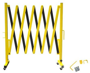 lot 1215 image: Trafford Industrial Expandable Metal Barricade, 11 Feet, Yellow and Black, Mobile Safety Barrier Gate, Retractable Traffic Fence
