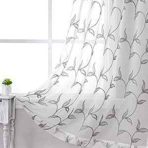 lot 8071 image: White Sheer Curtains 84 Inches Long 2 Panels Embroidered, Iron Grey Vine Leaves Embroidery Voile Pair Set Faux Linen Rod Pocket Window Drapes for Home Decor, 54 Inch Width x 84 Inch Length