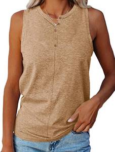 lot 8075 image: Womens Casual Sleeveless Tank Tops Button Crew Neck T Shirts Workout Active Camis Blouse Wide Shoulder Undershirt size XS VARY FEOM STOCK PHOTO