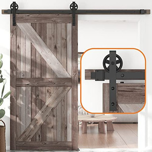 lot 27498 image: skysen 6FT Single Door Sliding Barn Door Hardware Track Kit Black (Big Wheel)