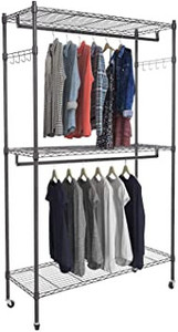 lot 27504 image: Homdox 3 Shelves Wire Shelving Clothing Rolling Rack Heavy Duty Commercial Grade Garment Rack with Wheels and Side Hooks