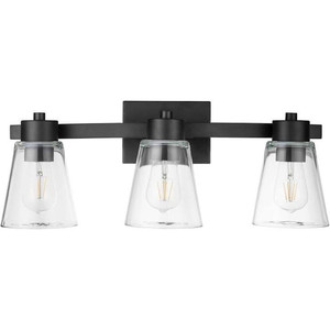 lot 27516 image: Prominence Home Fairendale 3 Light Matte Black Bathroom Vanity Light with Clear Glass