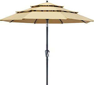 lot 27529 image: Patiassy 11 Ft 3 Tiers Patio Umbrella with Heavy Duty 600D 250Gsm Solution-Dyed Fabric Outdoor Umbrella with Push Button Tilt and Crank for Garden, Lawn, Deck, Backyard and Pool, Tan
