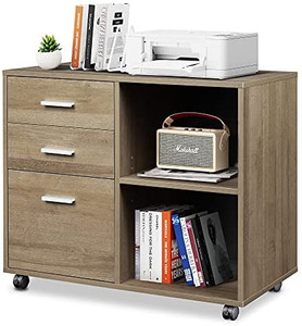 lot 27556 image: DEVAISE 3-Drawer Wood File Cabinet, Mobile Lateral Filing Cabinet, Printer Stand with Open Storage Shelves for Home Office, Gray Oak