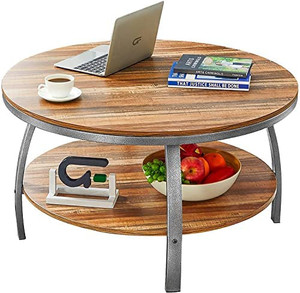 lot 27560 image: GreenForest Round Coffee Table for Living Room 35.4 inch Large Size Farmhouse Cocktail Table Sofa Table with Storage Shelf Metal Legs, Oak