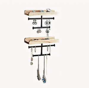 lot 27590 image: Halter Wall Mounted Hanging Wood-Metal Jewelry Organizer with Wooden Shelf Ledge, Rings, Necklace, Earings, Watches, Bracelet Display Holder , Rustic Wood Shelf for Make up and Skin Care Products - Grey Wood - 2 Pack