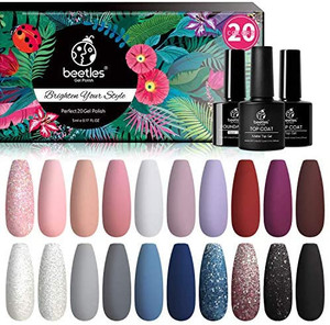lot 36153 image: Beetles 20 Pcs Gel Nail Polish Kit, Modern Muse Collection Soak off Nail Gel Polish Nude Gray Nail Polish Pink Blue Glitter Gel Polish Starter Kit with Glossy & Matte Top Coat and Base Coat Christmas